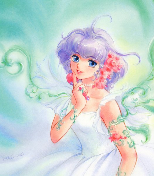 Anime picture 1315x1500 with mahou no tenshi creamy mami morisawa yuu creamy mami takada akemi single tall image short hair blue eyes smile purple hair ahoge oldschool girl dress white dress ring microphone idol