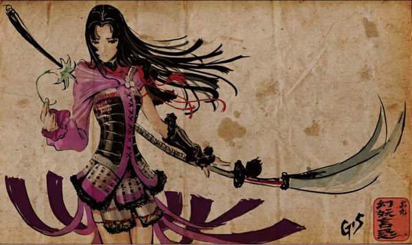 Anime picture 1024x611 with sengoku basara production i.g oichi as109 long hair black hair wide image black eyes girl skirt gloves flower (flowers) weapon armor lily (flower) polearm naginata