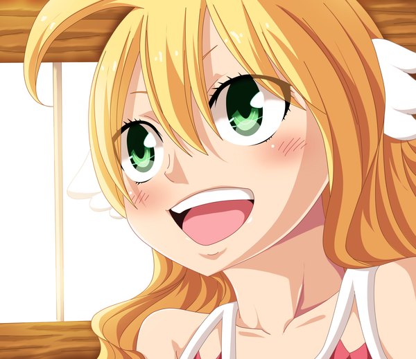 Anime picture 5200x4500 with fairy tail mavis vermillion khalilxpirates single long hair blush highres open mouth blonde hair smile green eyes absurdres ahoge loli coloring close-up face head wings girl wings