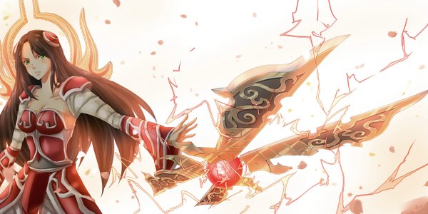 Anime picture 1300x650 with league of legends irelia (league of legends) urusai-baka single long hair looking at viewer breasts simple background brown hair wide image large breasts green eyes magic lightning girl weapon detached sleeves petals armor