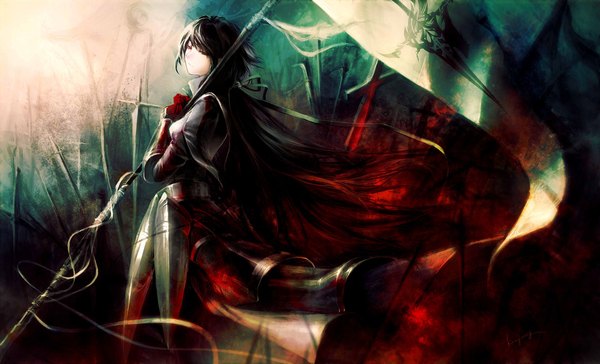 Anime picture 1280x777 with original pixiv fantasia pixiv fantasia wizard and knight kzcjimmy single long hair black hair red eyes wide image standing holding signed ponytail wind girl ribbon (ribbons) weapon hair ribbon sword belt