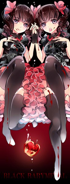 Anime picture 768x2000 with babymetal kikuchi moa mizuno yui ayumaru (art of life) long hair tall image looking at viewer fringe simple background brown hair purple eyes twintails multiple girls bent knee (knees) copyright name holding hands drill hair blood on face girl thighhighs