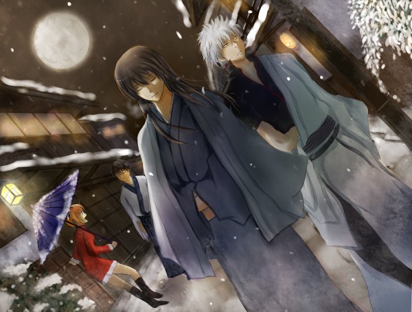 Anime picture 1200x908 with gintama sunrise (studio) sakata gintoki kagura (gintama) katsura kotarou shimura shinpachi long hair blush short hair open mouth blue eyes black hair smile red eyes looking away silver hair ahoge eyes closed traditional clothes japanese clothes