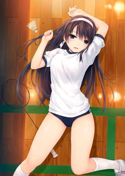 Anime picture 1132x1600 with original shiramine rika coffee-kizoku single long hair tall image looking at viewer blush black hair lying from above on back grey eyes badminton girl uniform socks shoes white socks headband