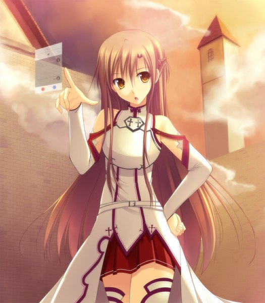 Anime picture 1000x1143 with sword art online a-1 pictures yuuki asuna takepon (artist) single long hair tall image open mouth brown hair bare shoulders brown eyes hand on hip girl dress skirt detached sleeves miniskirt