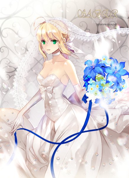 Anime picture 800x1098 with fate (series) fate/stay night type-moon artoria pendragon (all) saber astarone single long hair tall image fringe open mouth blonde hair standing bare shoulders green eyes braid (braids) light smile wind sunlight wedding