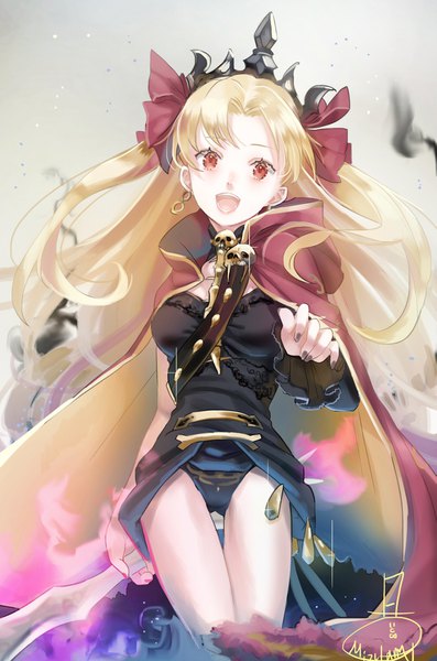 Anime picture 1125x1700 with fate (series) fate/grand order toosaka rin ereshkigal (fate) mizutamari tori single long hair tall image looking at viewer fringe breasts open mouth light erotic blonde hair red eyes holding nail polish sparkle two side up glowing weapon