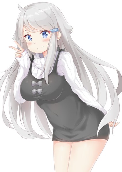Anime picture 849x1200 with imouto sae ireba ii silver link kani nayuta ikarosu single long hair tall image blush breasts blue eyes simple background smile large breasts white background silver hair ahoge leaning leaning forward victory girl