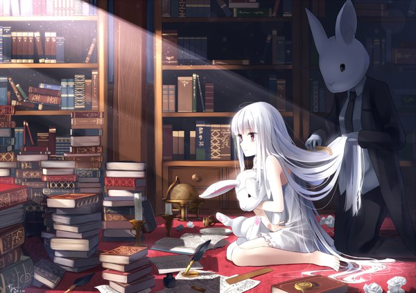 Anime picture 1504x1062 with original makadamia fringe sitting holding looking away white hair indoors very long hair profile barefoot sunlight bare legs shadow sunbeam hair brushing girl dress gloves animal