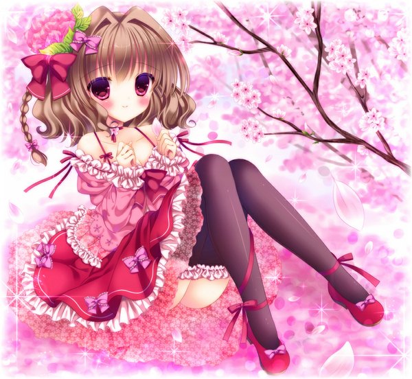 Anime picture 1000x921 with original kouta. single looking at viewer blush short hair smile brown hair bare shoulders pink eyes loli cherry blossoms girl thighhighs dress flower (flowers) bow black thighhighs plant (plants) hair bow
