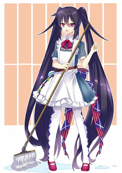 Anime picture 707x1000 with original nyori single tall image looking at viewer fringe open mouth standing purple eyes twintails holding very long hair maid girl uniform bow water mop