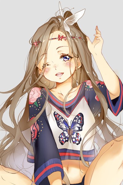 Anime picture 667x1000 with original hoshii hisa single long hair tall image blush open mouth simple background smile brown hair sitting upper body bent knee (knees) head tilt one eye closed arm up grey background animal print messy hair freckles