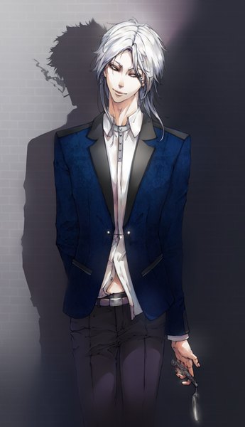 Anime picture 2176x3779 with psycho-pass production i.g kougami shin'ya shougo makishima fullepa long hair tall image highres standing holding brown eyes yellow eyes looking away white hair head tilt light smile grey hair grey background multiple boys shadow