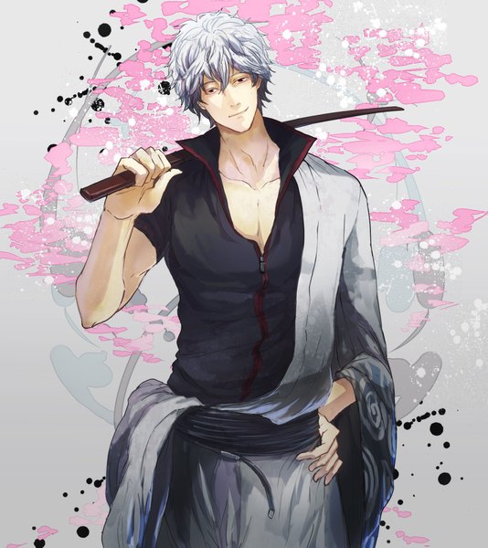 Anime picture 2000x2245 with gintama sunrise (studio) sakata gintoki kina (cocco) single tall image looking at viewer highres short hair traditional clothes light smile grey hair black eyes hand on hip boy splashes bokken
