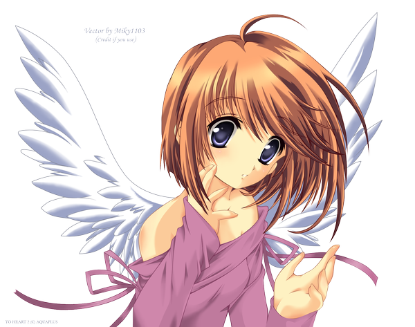 Anime picture 1646x1300 with to heart 2 to heart leaf (studio) komaki manaka single fringe blue eyes brown hair bare shoulders transparent background hand on face angel girl wings leaf (leaves)