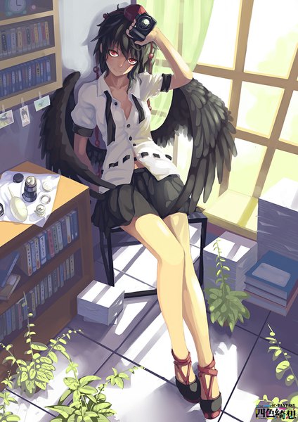 Anime picture 827x1169 with touhou shameimaru aya madyy single tall image looking at viewer blush short hair black hair smile red eyes sitting black wings girl plant (plants) wings window book (books) paper camera