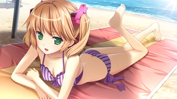 Anime picture 1280x720 with hatsukoi sacrament nagumo misaki looking at viewer short hair light erotic smile wide image twintails green eyes game cg barefoot orange hair beach short twintails girl swimsuit bikini water sea striped bikini