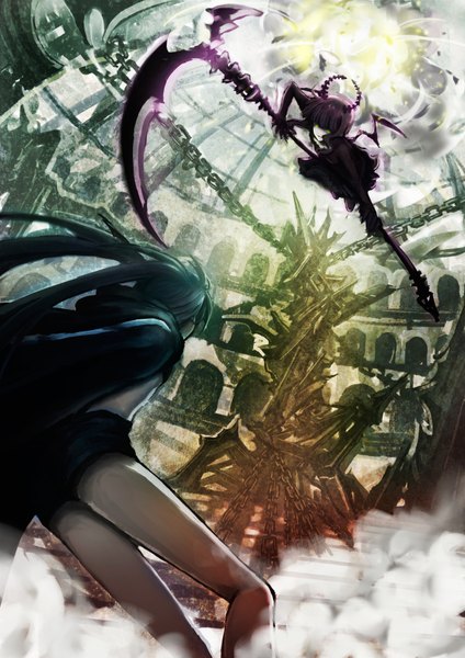 Anime picture 2480x3508 with black rock shooter black rock shooter (character) dead master wacchi30 long hair tall image highres black hair smile twintails multiple girls green eyes horn (horns) battle girl dress 2 girls wings shorts chain