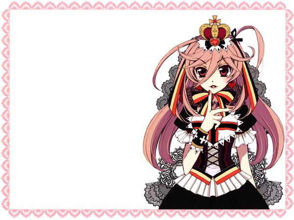 Anime picture 2000x1500 with barajou no kiss yamamoto anise long hair highres simple background red eyes brown hair white background pink hair lips framed girl dress bow ribbon (ribbons) hair ribbon heart cross crown crystal