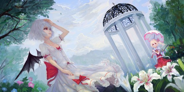 Anime picture 1754x886 with touhou flandre scarlet remilia scarlet tuzki highres short hair blonde hair red eyes wide image multiple girls sky cloud (clouds) white hair girl dress flower (flowers) 2 girls plant (plants) wings tree (trees)