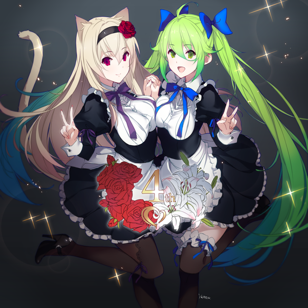 Anime picture 2200x2200 with falkyrie no monshou kagetomo midori long hair looking at viewer highres open mouth blonde hair smile red eyes twintails multiple girls green eyes animal ears ahoge bent knee (knees) tail very long hair :d animal tail green hair