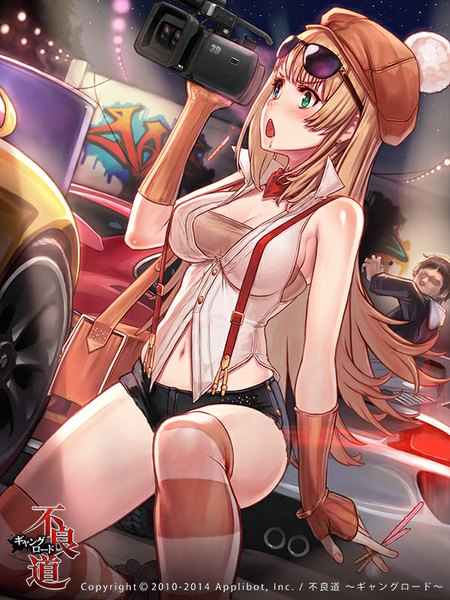 Anime picture 600x800 with furyou michi ~gang road~ remana long hair tall image blush fringe breasts open mouth blue eyes light erotic blonde hair large breasts sitting holding green eyes cleavage bent knee (knees) nail polish fingernails inscription