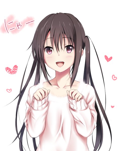 Anime picture 813x1000 with k-on! kyoto animation nakano azusa yuki (sangeki5806) single long hair tall image looking at viewer blush fringe open mouth black hair simple background smile hair between eyes white background twintails :d pink eyes paw pose