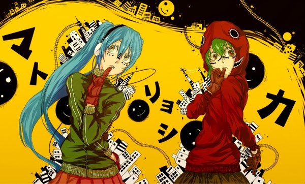 Anime picture 2500x1509 with vocaloid matryoshka (vocaloid) hatsune miku gumi dlei highres short hair wide image twintails multiple girls looking away very long hair green hair aqua hair tattoo alternate costume text city finger to mouth looking up