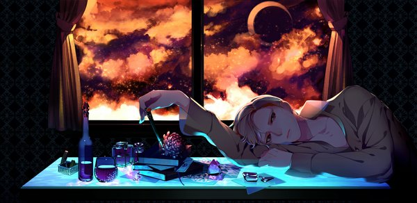 Anime picture 979x477 with original kanamura ren single looking at viewer short hair blonde hair red eyes wide image sky cloud (clouds) reclining crescent boy window book (books) moon curtains table drink glass