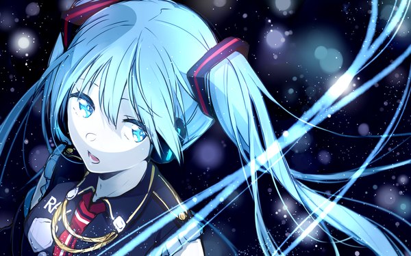 Anime picture 1440x900 with vocaloid hatsune miku citron 82 single long hair looking at viewer twintails aqua eyes aqua hair sparkle pale skin girl uniform headphones