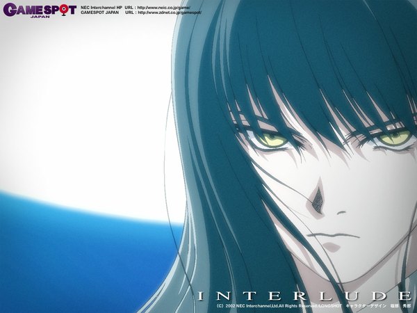 Anime picture 1024x768 with interlude watsuji aya horibe hiderou long hair looking at viewer black hair yellow eyes inscription girl moon