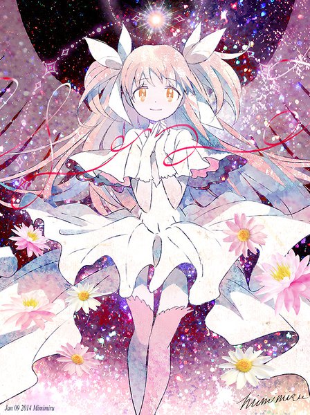 Anime picture 616x825 with mahou shoujo madoka magica shaft (studio) kaname madoka goddess madoka mimimiru single long hair tall image looking at viewer twintails signed yellow eyes pink hair light smile dated short twintails girl thighhighs dress gloves