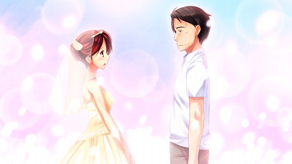 Anime picture 1280x720 with suika niritsu (game) short hair black hair wide image game cg red hair girl dress boy wedding dress