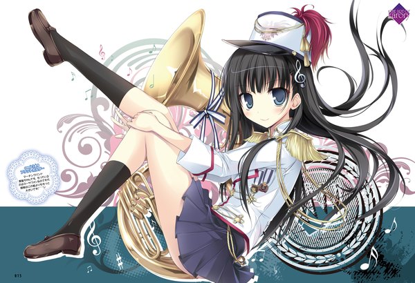 Anime picture 2926x2000 with dengeki moeou karory long hair looking at viewer blush highres blue eyes black hair scan legs girl skirt uniform socks black socks musical instrument peaked cap musical note