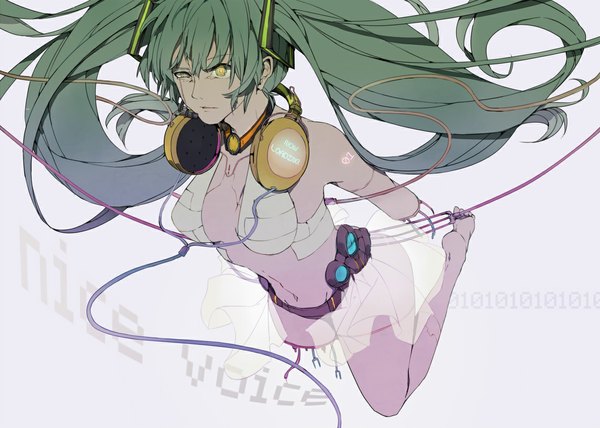 Anime picture 1139x813 with vocaloid vocaloid append hatsune miku hatsune miku (append) single fringe breasts twintails yellow eyes very long hair aqua hair midriff tattoo glowing headphones around neck mechanical parts girl headphones