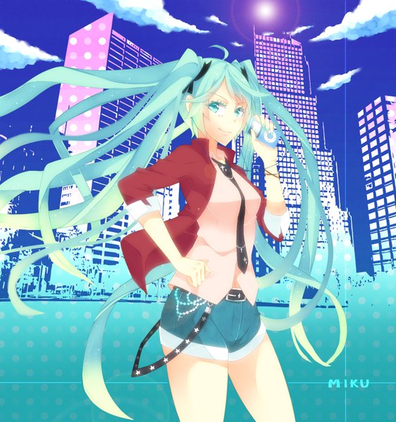 Anime picture 1500x1600 with vocaloid ipod hatsune miku paparins (artist) mosa (artist) tall image looking at viewer smile twintails ahoge very long hair aqua eyes aqua hair girl shirt necktie shorts