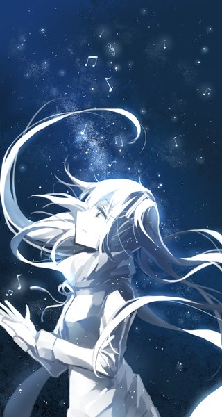 Anime picture 800x1500 with vocaloid hatsune miku cui (jidanhaidaitang) single long hair tall image fringe smile twintails white hair profile alternate color milky way alternate hair color treble clef girl star (stars) musical note winter clothes