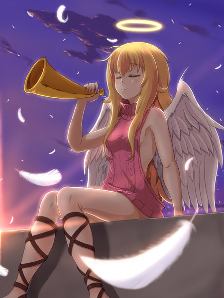 Anime picture 960x1280 with gabriel dropout doga kobo tenma gabriel white kannazuki kenji single long hair tall image blush light erotic blonde hair smile sitting sky cloud (clouds) outdoors eyes closed sideboob evening sunset angel wings