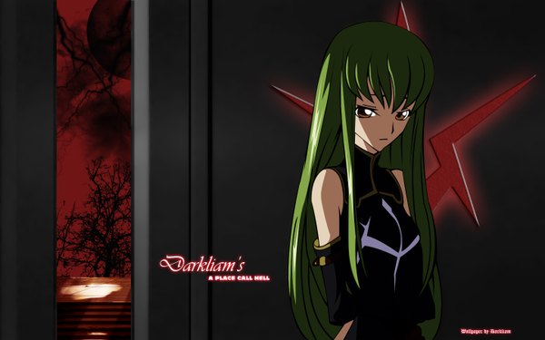 Anime picture 1440x900 with code geass sunrise (studio) c.c. single long hair fringe wide image bare shoulders brown eyes payot upper body indoors head tilt green hair girl dress detached sleeves black dress
