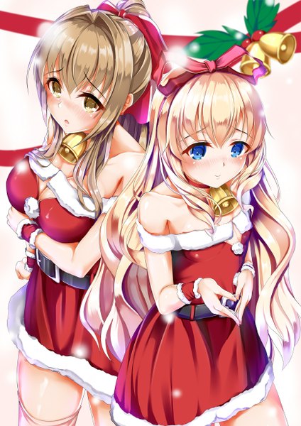 Anime picture 870x1230 with amagi brilliant park kyoto animation sento isuzu latifa fleuranza kasappi long hair tall image blush fringe breasts open mouth blue eyes blonde hair brown hair large breasts standing bare shoulders multiple girls brown eyes ponytail