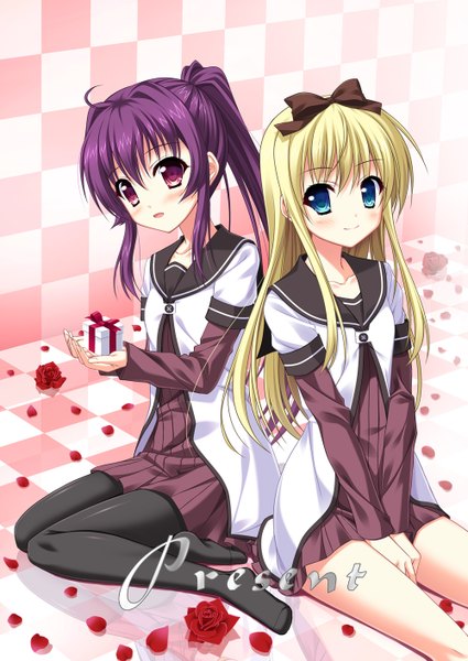 Anime picture 1000x1412 with yuru yuri doga kobo toshinou kyouko sugiura ayano endori long hair tall image blush blue eyes blonde hair smile red eyes multiple girls purple hair girl uniform flower (flowers) bow 2 girls hair bow