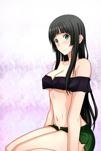 Anime picture 975x1450 with flying witch j.c. staff kowata makoto kenken single long hair tall image looking at viewer blush breasts light erotic black hair smile bare shoulders girl navel shorts short shorts