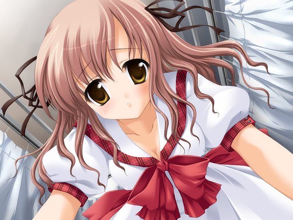 Anime picture 1200x900 with aozora no mieru oka suwa nonoka brown hair yellow eyes game cg girl serafuku