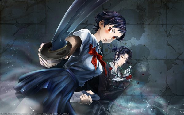 Anime picture 1920x1200 with blood+ production i.g otonashi saya haji blush highres short hair black hair red eyes wide image girl boy skirt uniform weapon school uniform shirt sword