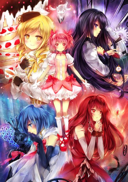 Anime picture 800x1131 with mahou shoujo madoka magica shaft (studio) akemi homura kaname madoka sakura kyouko miki sayaka tomoe mami kyuubee yukihomu long hair tall image looking at viewer blush fringe short hair blue eyes black hair blonde hair smile red eyes