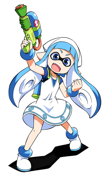 Anime picture 640x1053 with shinryaku! ika musume splatoon nintendo ika musume inkling anbe masahiro single long hair tall image looking at viewer fringe open mouth blue eyes simple background white background blue hair :d pointy ears fang (fangs) eyebrows