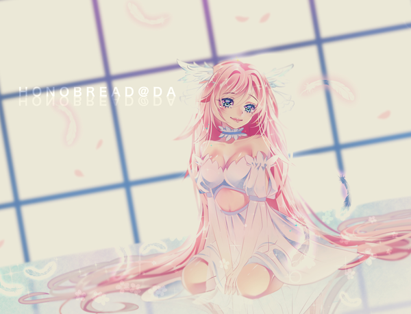 Anime picture 2315x1770 with original cheria honobread single looking at viewer fringe highres blue eyes smile hair between eyes sitting bare shoulders signed pink hair cleavage very long hair bare belly lipstick reflection between legs