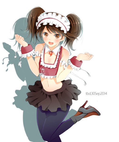 Anime picture 1680x2000 with kantai collection ryuujou light aircraft carrier tebi (tbd11) single long hair tall image looking at viewer blush open mouth brown hair white background twintails bare shoulders brown eyes shadow midriff girl skirt navel miniskirt