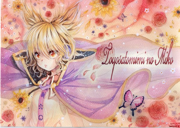 Anime picture 1500x1063 with touhou toyosatomimi no miko mosho single short hair blonde hair signed yellow eyes looking away inscription traditional media watercolor (medium) girl flower (flowers) petals headphones cape