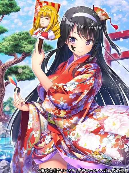 Anime picture 600x800 with asgard no seiten pochadon single long hair tall image looking at viewer blush black hair smile purple eyes traditional clothes japanese clothes girl plant (plants) tree (trees) hairband kimono hagoita